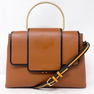 ZARA Cognac City Bag With Gold Metal Handle Crossbody Flap Over Medium Purse